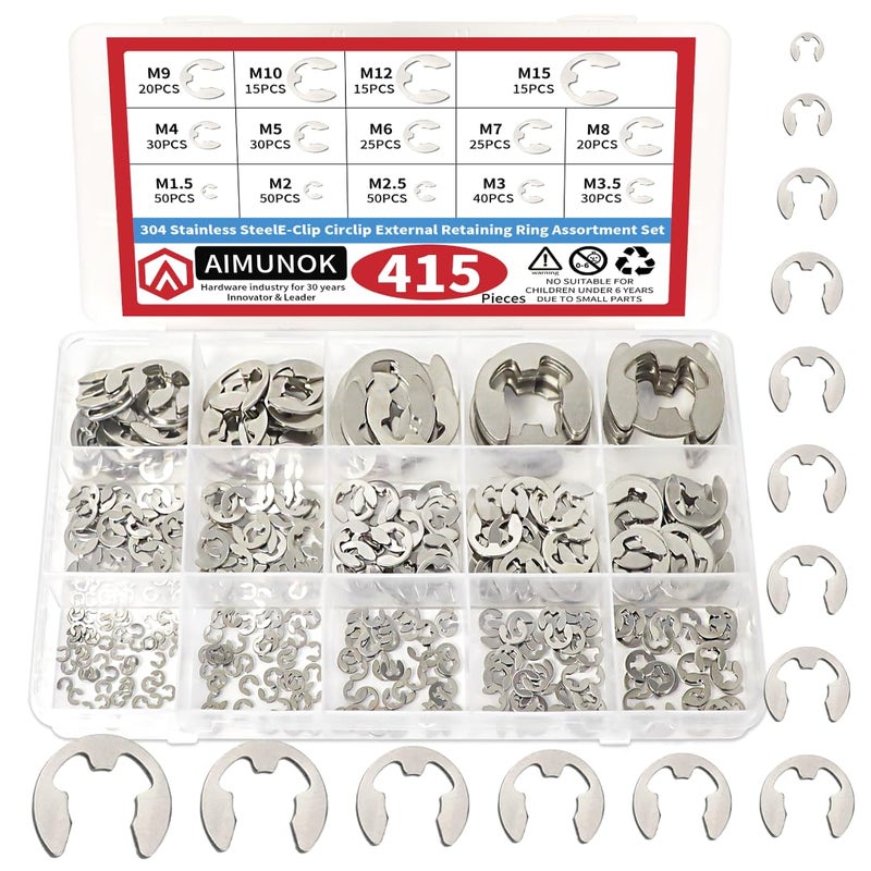 AIMUNOK 415Pcs E-Clip External Retaining Rings Snap Rings Assortment Set, 304 Stainless Steel C-Clip Kit, 14 SAE Sizes Circlip Snap Rings M1.5- M15 - Image 1